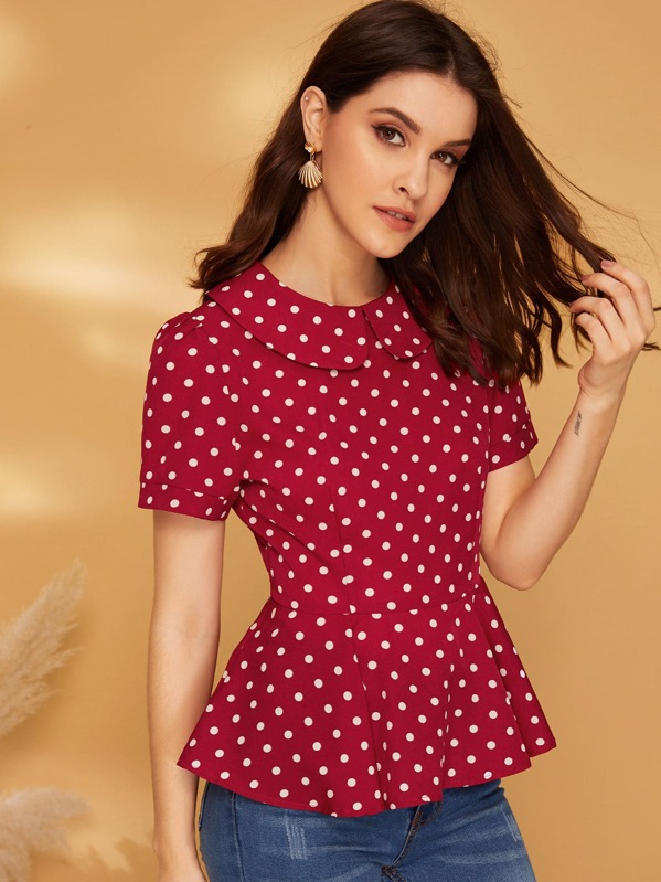 

Peter Pan Collar Polka Dot Peplum Top, Red, Vikie