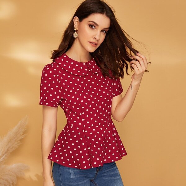 

Peter Pan Collar Polka Dot Peplum Top