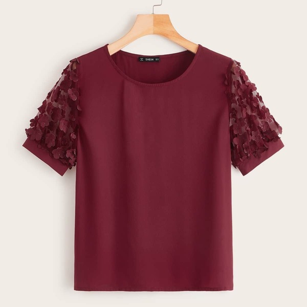 

3D Applique Mesh Sleeve Top, Burgundy