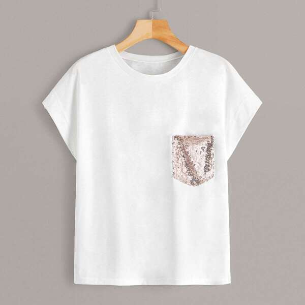 

Contrast Sequin Pocket Front Tee, White