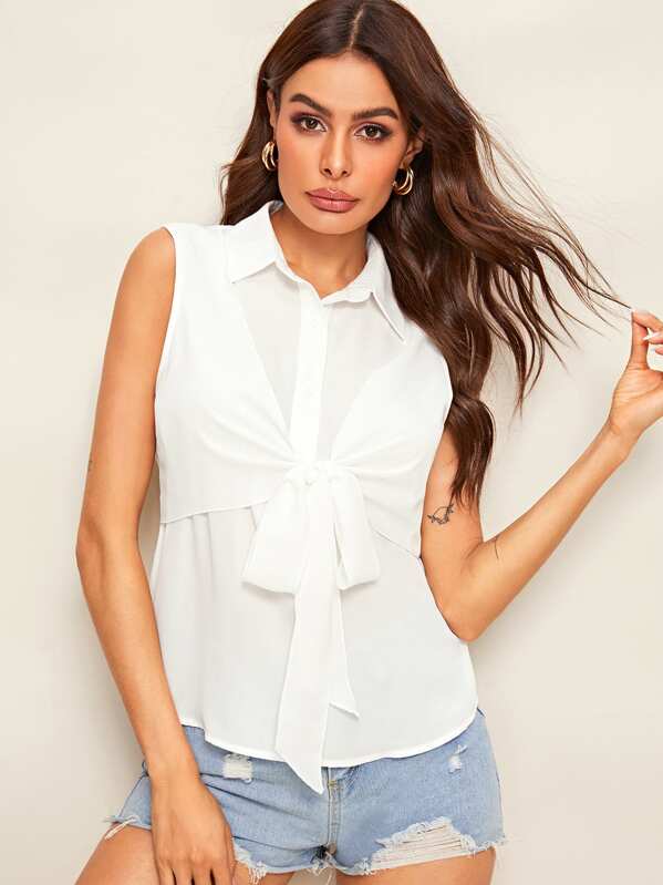 

Solid Tie Front Sleeveless Shirt, White, Andy