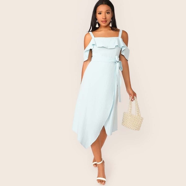 

Ruffle Trim Self Belt Asymmetrical Hem Wrap Dress, Blue pastel