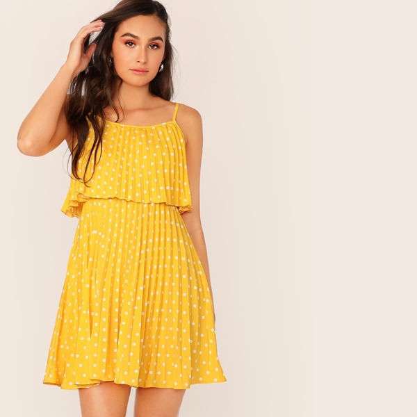 

Neon Yellow Foldover Polka Dot Pleated Cami Dress, Yellow bright