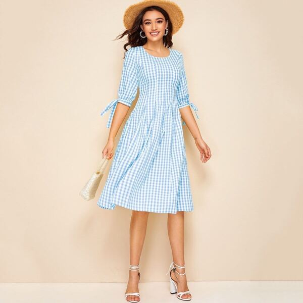 

Knot Cuff Boxy Pleated Gingham Dress, Blue pastel