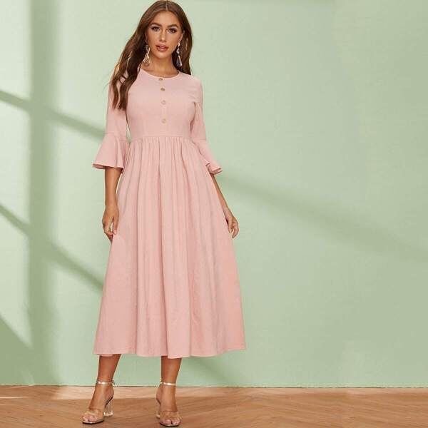 

Button Front Flounce Sleeve Fit & Flare Dress, Pink