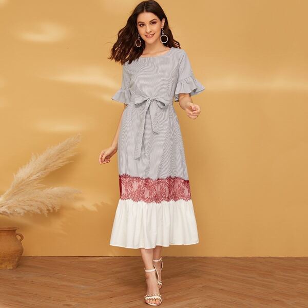 

Lace Insert Flounce Sleeve Belted Dress, Black and white