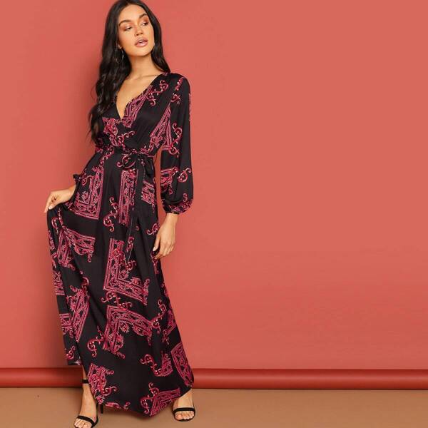 

Surplice Neck Scarf Print Belted Dress, Multicolor