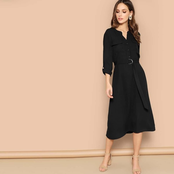 

Roll Up Sleeve Pocket Patched D-ring Belted Shirt Dress, Black