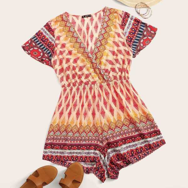 

Plus Aztec Print Plunging Wrap Romper, Multicolor