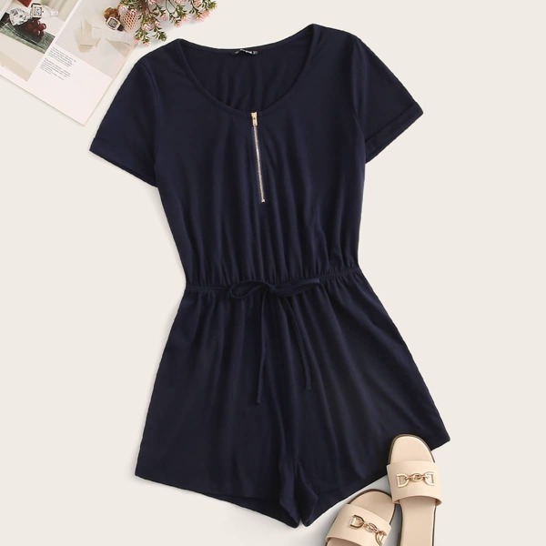 

Half Zipper Front Drawstring Waist Romper, Navy