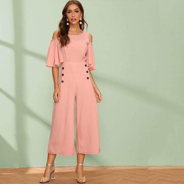 

Frill Trim Cold Shoulder Butterfly Sleeve Cullote Jumpsuit
