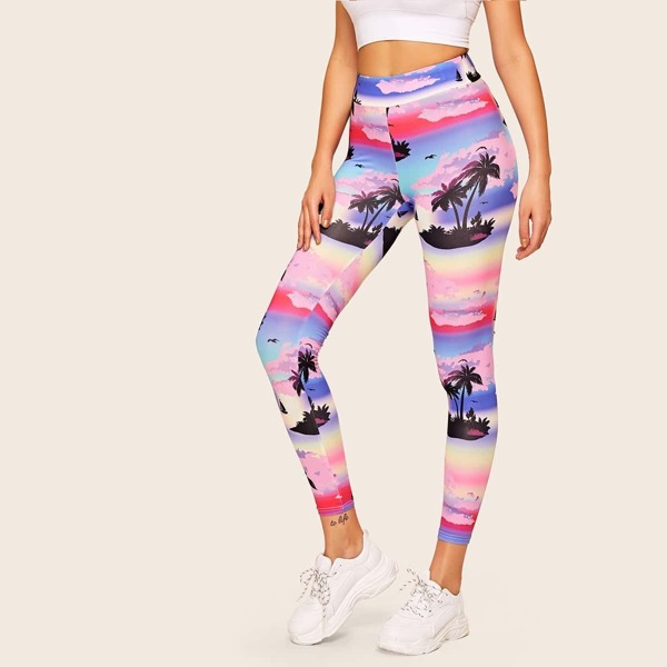 

Landscape Print Wide Band Waist Leggings