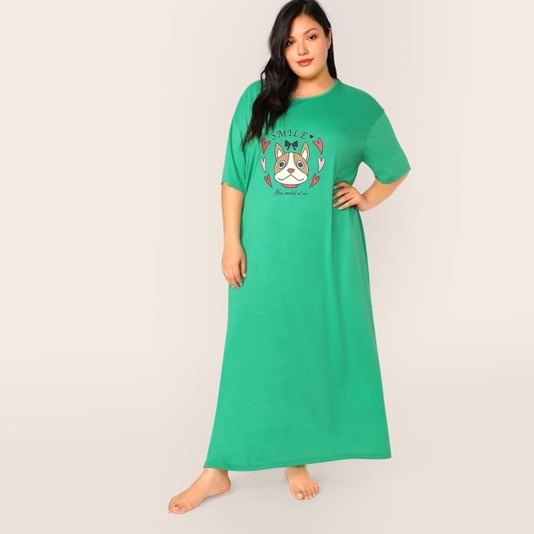 

Plus Cartoon Print Drop Shoulder Maxi Night Dress, Green