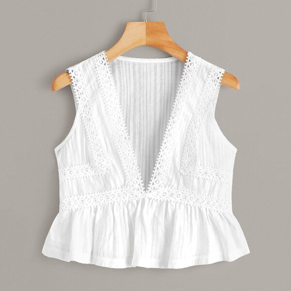 

Solid Ruffle Hem Contrast Lace Deep V Neck Top