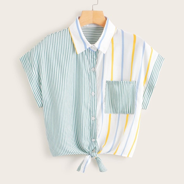 

Vertical-Striped Knot Hem Blouse, Multicolor