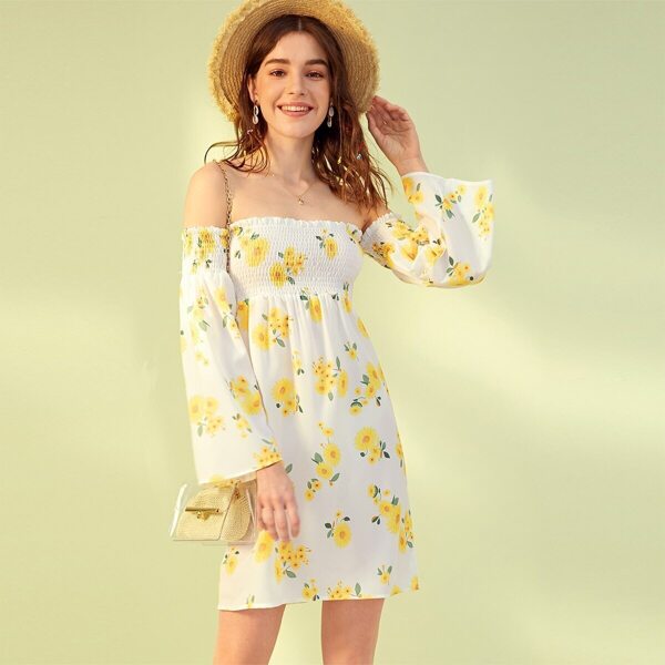 

Floral Print Off The Shoulder Frill Trim Shirred Dress