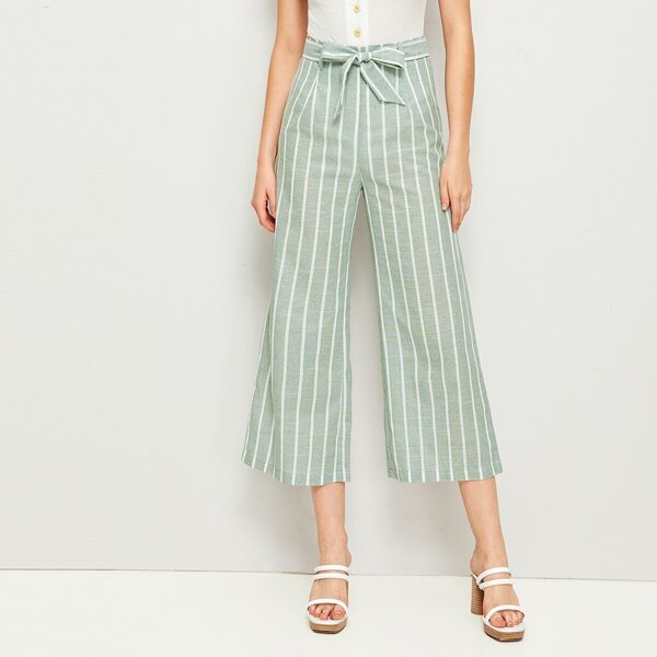 

Vertical-striped Belted Wide Leg Pants