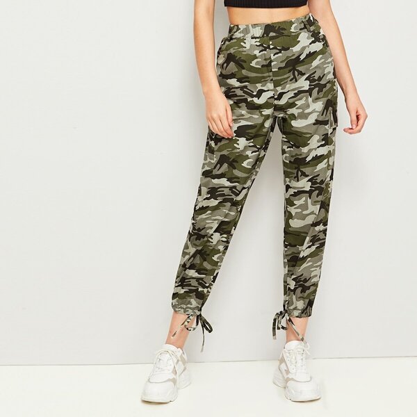 

Camo Print Flap Pockets Knot Hem Cargo Pants