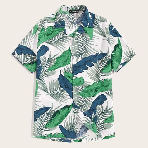 

Men Revere Collar Tropical Print Shirt