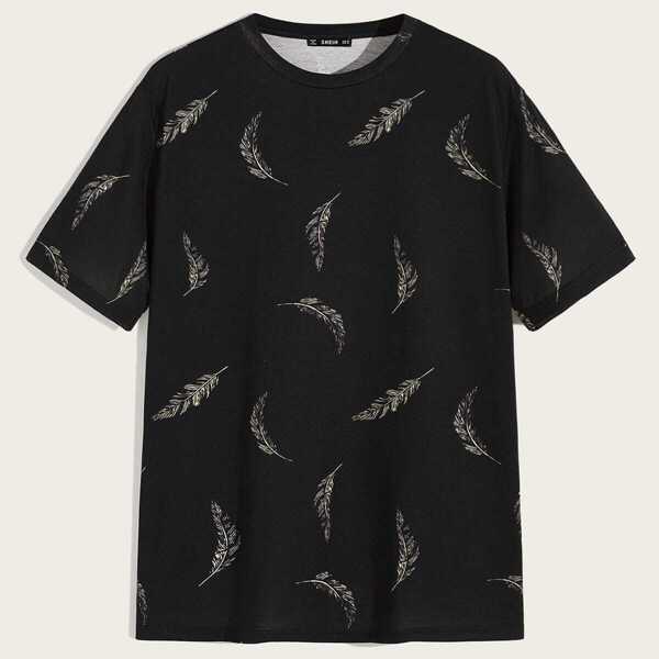 

Men Feather Print Tee, Black