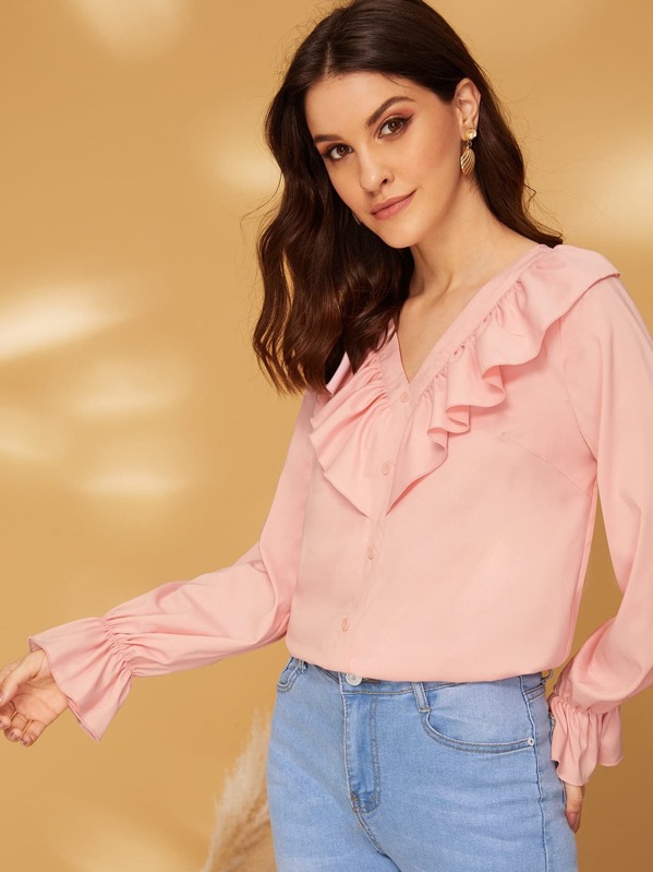 

Ruffle Trim Button Detail Solid Top, Pink, Vikie