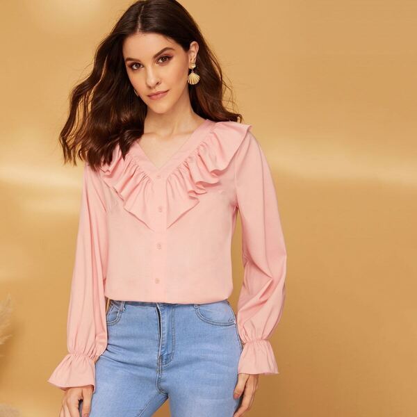 

Ruffle Trim Button Detail Solid Top, Pink