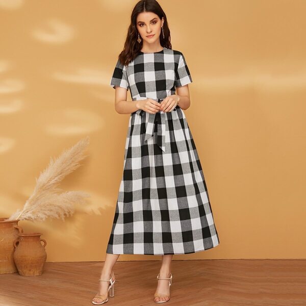 

Buffalo Plaid Print Self Belted Dress, Black and white