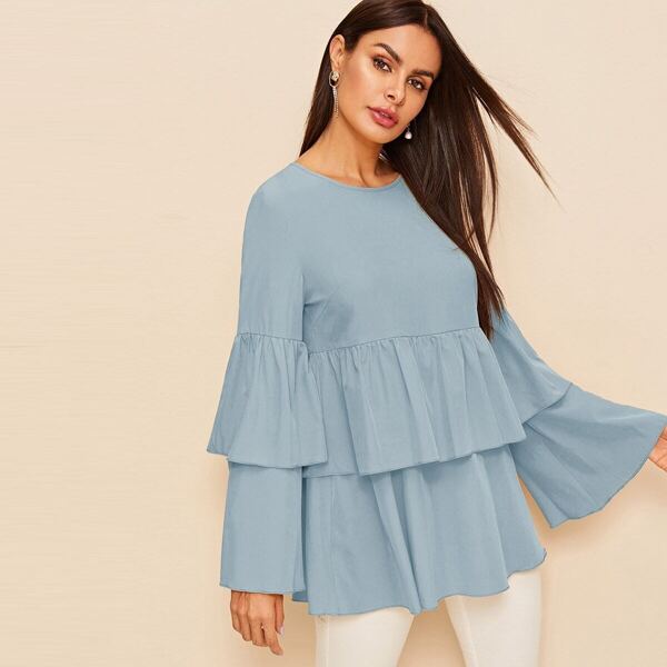 

Double Layer Sleeve and Hem Keyhole Back Top, Blue pastel