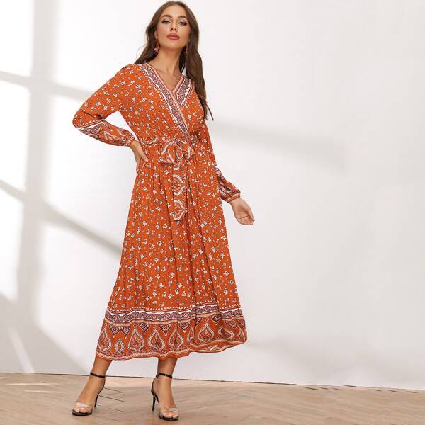 

Paisley and Floral Print Self Belted Dress, Orange