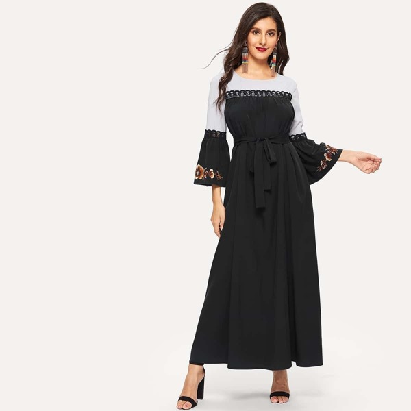 

Lace Applique Embroidered Bell Sleeve Two Tone Dress, Black