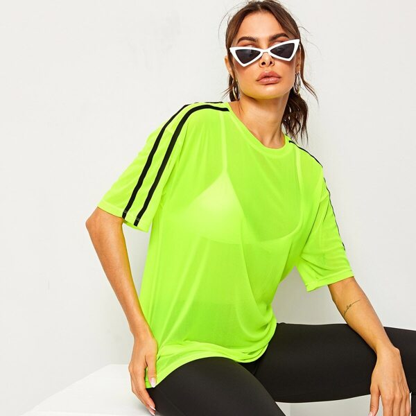 

Striped Sleeve Sheer Mesh Top Without Bra, Green bright