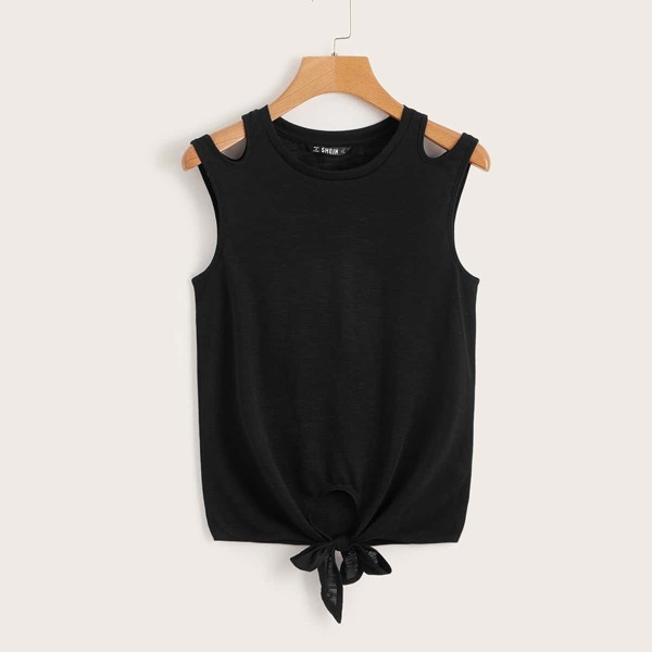 

Plus Cutout Shoulder Tie Hem Top, Black