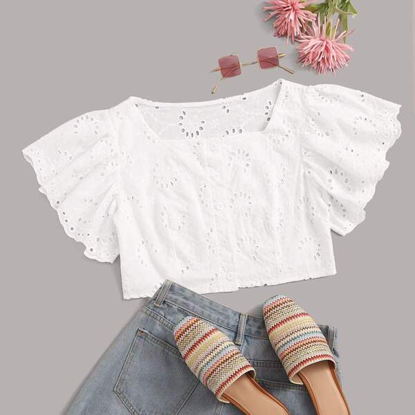 

Plus Eyelet Embroidery Ruffle Sleeve Crop Top, White