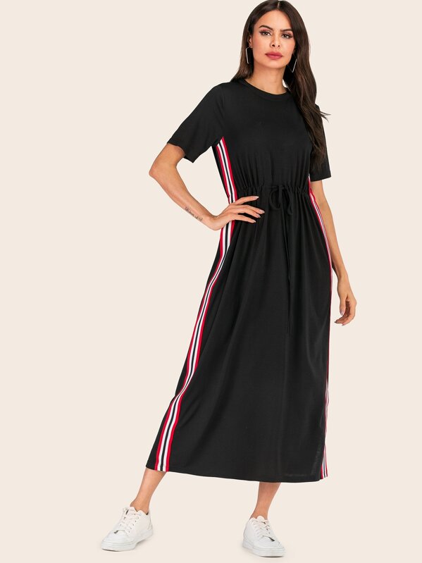 

Contrast Tape Side Drawstring Waist Tee Dress, Black