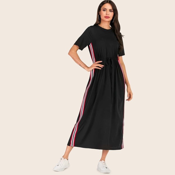 

Contrast Tape Side Drawstring Waist Tee Dress