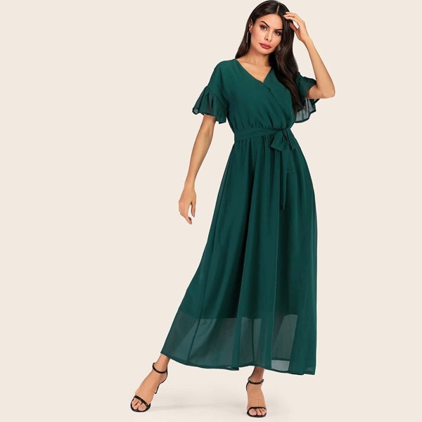 

Solid Flounce Sleeve Belted Chiffon Dress