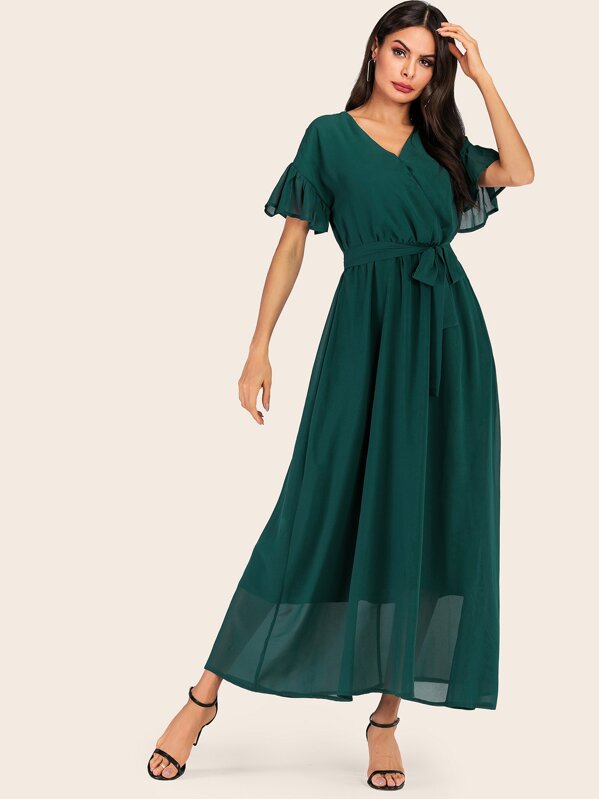 

Solid Flounce Sleeve Belted Chiffon Dress, Green