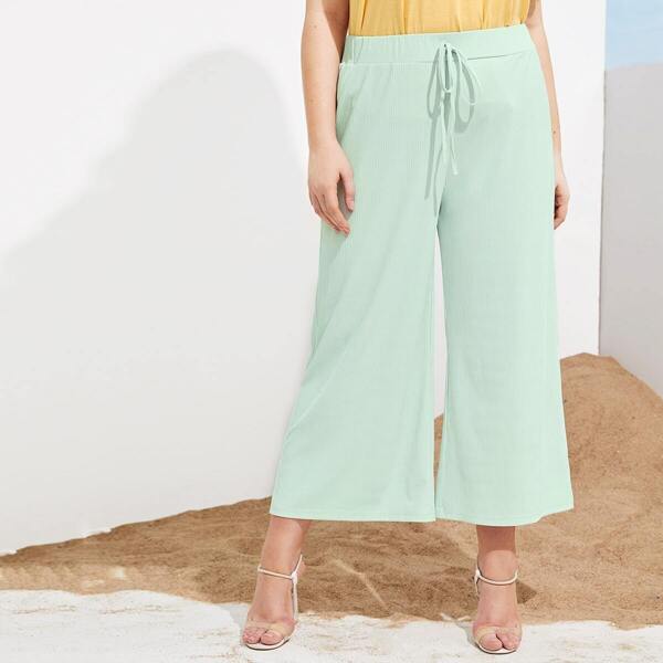 

Plus Solid Pleated Drawstring Wide Leg Pants, Green