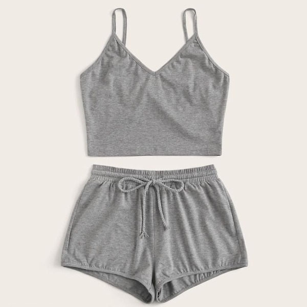 

Plus Solid V-neck Cami Top & Drawstring Shorts Set