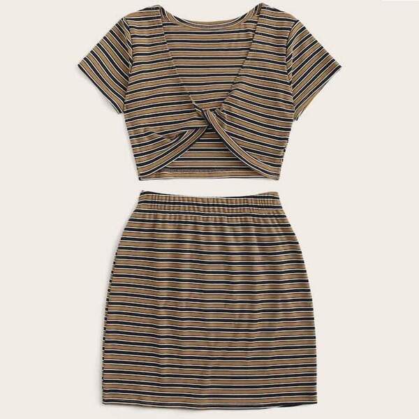 

Plus Striped Twist Front Tee & Striped Skirt