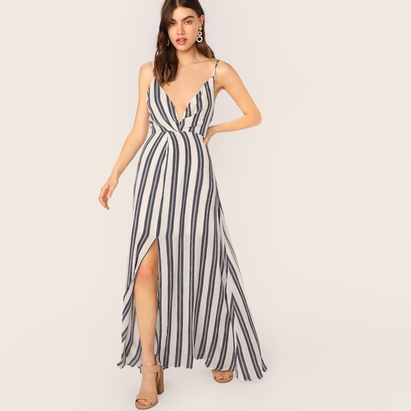 

Twist V-Neck Spaghetti Strap Stripe Maxi Dress, Multicolor