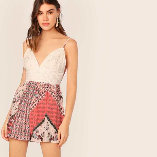 

Lace Bodice Back Tie Sleeveless Floral Romper