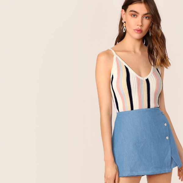

V-Neck Stripe Rib Knit Crop Tank Top, Multicolor