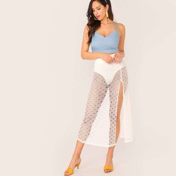 

Knicker Insert Split Thigh Eyelet Lace Skirt, White