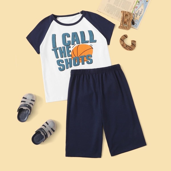 

Boys Basketball & Letter Print Pajama Set, Multicolor