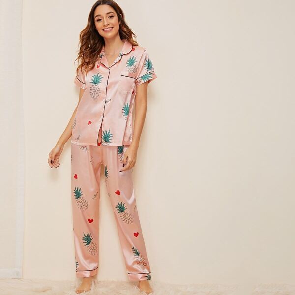 

Pineapple & Heart Print Satin Pajama Set