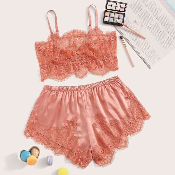 

Floral Lace Bralette With Satin Shorts, Pink