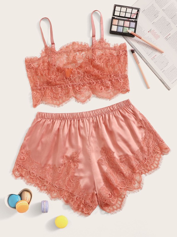 

Floral Lace Bralette With Satin Shorts, Pink