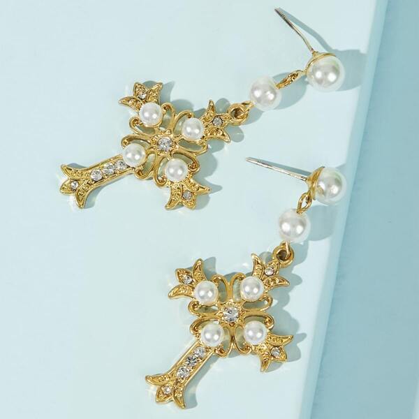 

Faux Pearl Engraved Cross Drop Earrings 1pair, Gold
