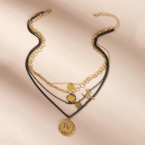 

Coin & Heart Charm Layered Chain Necklace 1pc, Gold